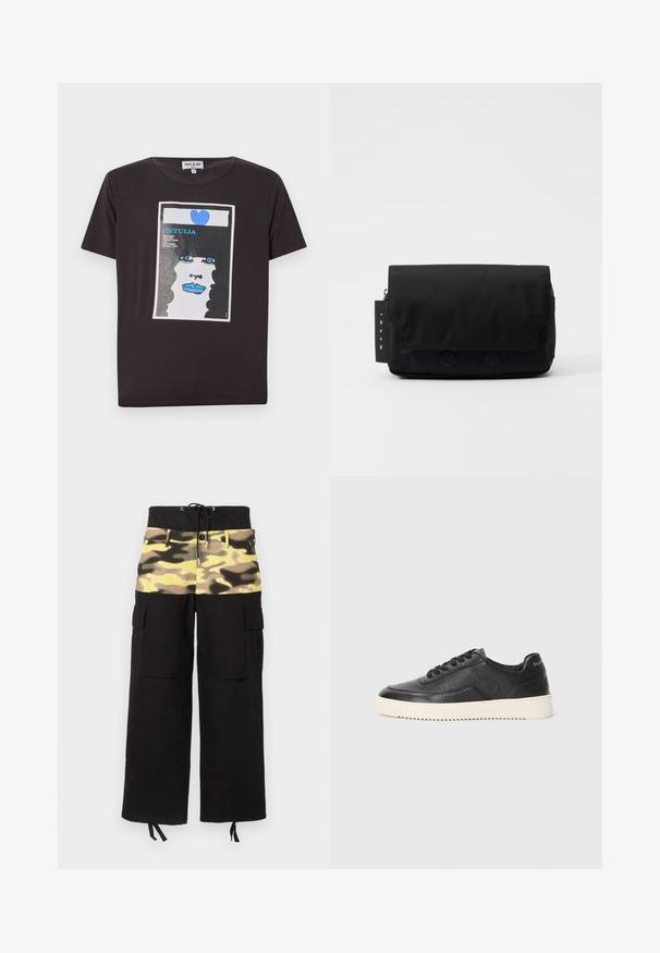 Zwarte katoenen t-shirt met een grafisch ontwerp van het gezicht van een vrouw met blauwe lippen, grote blauwe ogen en een hart, omlijst in een witte rechthoek.; Cargo broek van zwart stof met een bovenstuk in camouflagepatroon in tinten van geel, groen en bruin; inclusief verstelbare tailleband.; Zwarte leren sneaker met een gestructureerde afwerking, ronde neus en platte witte rubberen zool. Voorzien van zwarte veters en merklabel op de hiel.; Zwarte schoudertas gemaakt van gestructureerde stof. Voorzien van een klep met twee ronde knopen, een ritscompartiment en een label met de merknaam.