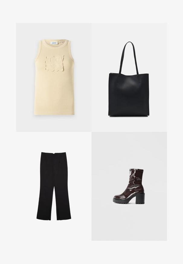 Beżowa, prążkowana, bezrękawnik z teksturowanym kwadratowym wzorem na piersi i okrągłym dekoltem.; Czarne spodnie o prostym kroju, z przednimi kieszeniami i bocznymi rozcięciami na dole. Wykonane z miękkiego, gładkiego materiału. Odpowiednie na różne okazje.; Błyszczące bordowe botki za kostkę z masywną czarną obcasem, charakteryzujące się gładką teksturą i prostym wzornictwem. Brak widocznych zapięć lub wzorów.; Czarna skórzana torba tote o gładkiej fakturze, prostokątnym kształcie i dwóch długich uchwytach. Brak widocznych elementów metalowych i ozdób.
