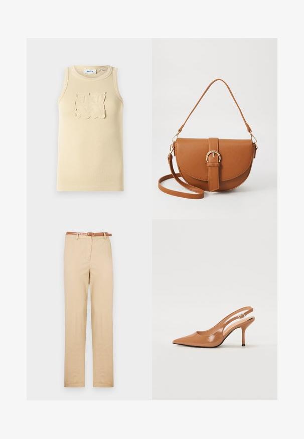 Bēšs ribots bez piedurknēm T-krekls ar teksturētu kvadrātveida ielāpu dizainu uz krūtīm un apaļu apkakli.; Beigā krāsā chinos bikses, izgatavotas no viegla materiāla, ar taisnu piegriezumu, sānu kabatām un brūnu ādas jostu ar taisnstūra sprādzi.; Izteikts pirksta siksnas zābaks, izgatavots no gludas, spīdīgas brūnas materiāla. Piedāvā izliekta izgriezuma dizainu un smalku stiletto papēdi. Sudraba sprādze.; Brūns ādas plecu soma ar izliekta formu, zelta piederumiem un sprādzes akcentu. Iesaiņota ar noņemamu plecu siksnu.