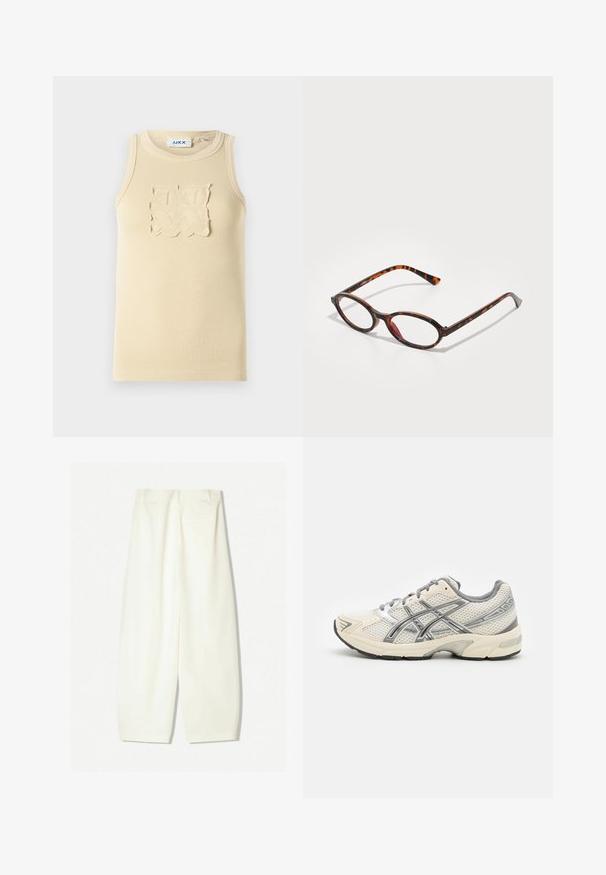 Bež ribana brezrokavna majica s teksturiranim kvadratnim vzorcem na prsih in okroglim izrezom.; Hlače širokih nogavic v mehki kremni tkanini, z gladko teksturo, sprednjimi žepi in sproščeno prileganje z srednje visokim pasom.; Tekstilne tekaške čevlje z zračnim belim mrežastim zgornjim delom, srebrnimi detajli, sivimi vezalkami in trdnim črnim gumijastim podplatom. Lahka, blazinjena oblika.; Kornjačaste sončne očala z ovalnimi lečami, ki imajo temen okvir z svetlimi in temnimi rjavimi vzorci ter drobnimi, ukrivljenimi nogicami.