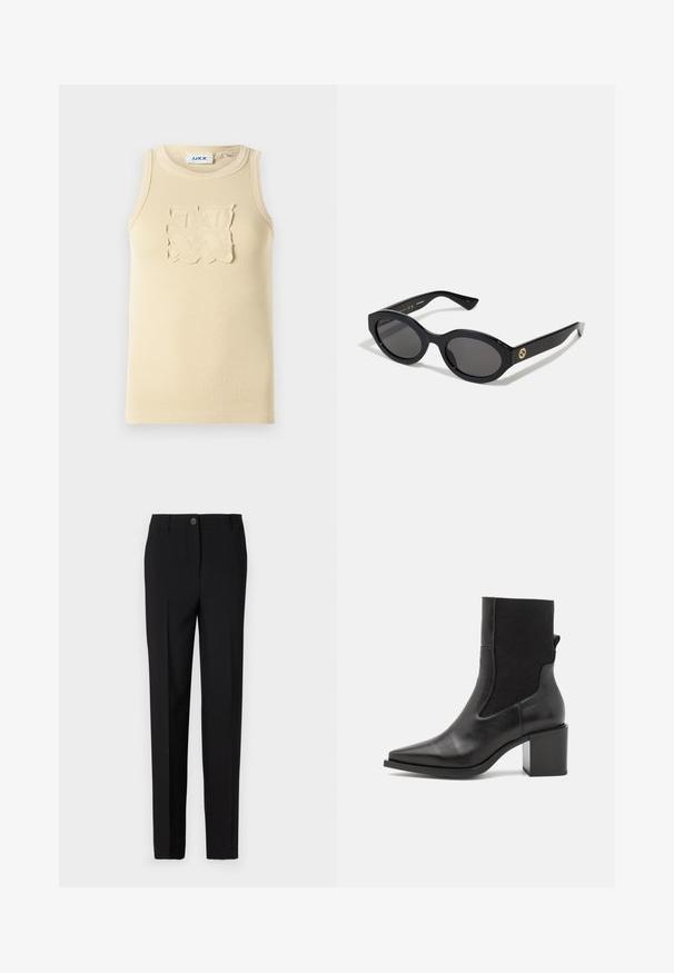 Beige ribbed sleeveless tank top with a textured square patch design on the chest and a round neckline.; Black tailored trousers with a straight leg design, featuring a button fastening and belt loops, made from smooth fabric.; Black ankle boot with a pointed toe, made of smooth leather and elastic fabric. Features a block heel and minimalist design.; Black oval sunglasses with dark lenses and glossy plastic frame. Features gold logo on the temple, offering a sleek and modern design.; Blue patterned handbag made of fabric, featuring a curved shape, black leather strap, and logo design in a lighter shade.