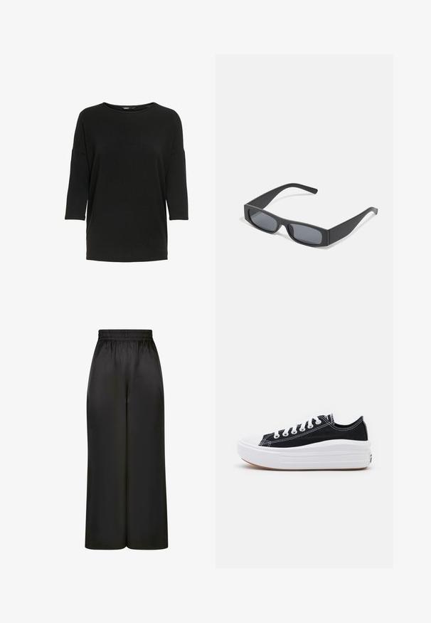 Schwarzes Langarmoberteil aus weichem, strukturiertem Stoff. Merkmale sind ein runder Ausschnitt und eine lockere Passform mit Dreiviertelärmeln.; Schwarze, weit geschnittene Hosen aus glattem, glänzendem Stoff mit elastischem Bund und ohne sichtbare Taschen oder Metallteile.; Schwarze Canvas-Sneaker mit weißen Schnürsenkeln, weißer Gummikappe und einer massiven weißen Zwischensohle. Besondere Merkmale sind dezente weiße Nähte und eine Gummisohle.; Schwarze rechteckige Sonnenbrillen mit dunklen Gläsern und dicken matten Rahmen. Die Bügel sind leicht verjüngt und haben eine glatte Oberfläche.