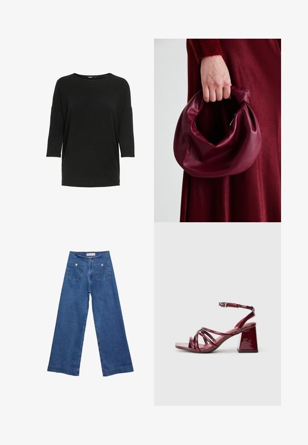 Černý dlouhý rukáv top vyrobený z měkké, strukturované látky. Má kulatý výstřih a volný střih s rukávy v délce tří čtvrtin.; Džínové kalhoty širokého střihu s středně modrým omakem, dvěma předními kapsami se zapínáním na knoflíky a prošíváním podél lemů.; Patentní burgundské sandály na podpatku se čtveratou špičkou, s několika propletenými pásky a robustním blokovým podpatkem. Nastavitelný pásek kolem kotníku.; Burgundská kožená kabelka s měkkým, nabíraným designem a zaobleným tvarem. Ucho je zajištěné a vykazuje hladkou texturu.
