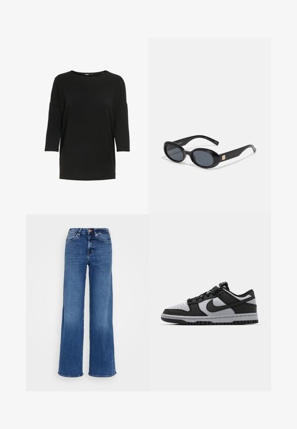 Mustapaita pitkillä hihoilla, joka on valmistettu pehmeästä, teksturoidusta kankaasta. Siinä on pyöreä kaula-aukko ja löysä malli, jossa on kolme neljännespituista hihaa.; Keskisininen korkeavyötäröinen farkut leveillä lahkeilla, nappi- ja vetoketjukiinnitys sekä etu- ja takataskut, tasaisella vaaleanharmaalla taustalla.; Musta ja harmaa Nike Dunk matalaprofiilinen sneaker, jossa on rei'itetty varvasosa, sileät nahka-akcentit ja kumipohja, joka sisältää teksturoidun kuvion.; Mustat ovaalit aurinkolasit tummilla linsseillä, kiiltävä muovikehys, leveät sivut ja pieni kultainen yksityiskohta toisella puolella.