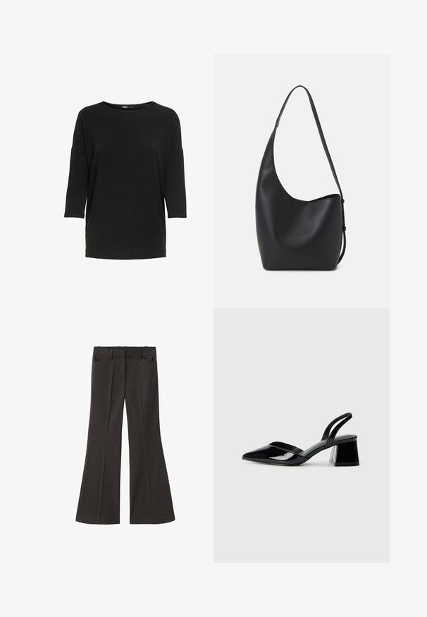 Maglietta nera a maniche lunghe realizzata in un tessuto morbido e texturizzato. Presenta un collo rotondo e una vestibilità ampia con maniche a tre quarti.; Pantaloni neri a zampa d'elefante con vita alta; presentano due tasche frontali e una texture del tessuto liscia. Adatti per varie occasioni.; Décolleté in vernice nera con punta affusolata e tacco in geometria cubica. Presentano un design elegante e minimalista, con una texture liscia.; Borsa hobo nera in pelle con una superficie liscia, forma curvata e una singola tracolla regolabile; presenta un'ampia apertura nella parte superiore.