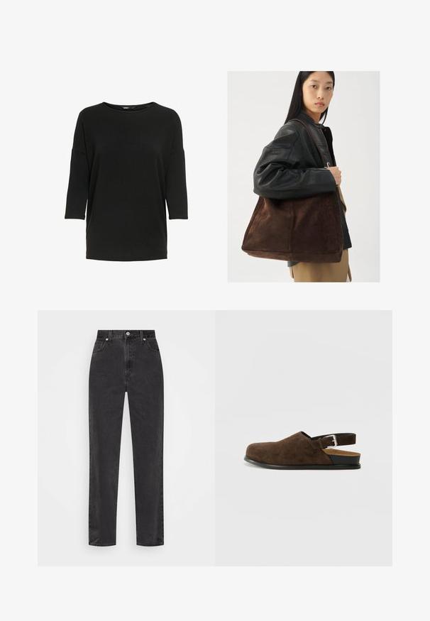 Must mustärg põlvikute varrukatega särk, mis on valmistatud pehmest, tekstureeritud kangast. Omab ümmargust kaelust ja ülehulga lõikega. Varruka pikkus on kolm neljandikku.; Sirged mustad teksapüksid kõrge vöökohaga, esi-nupp ja tõmblukk, viie taskuga stiil valgel taustal.; Pruunid nahast libisemisega kingad madala kontsaga, reguleeritav rihm hõbedase klambriga ja must kummitald.; Pruun suede totes kott laia kujuga ja pehme tekstuuriga, millel on üks rihm ja minimaalne riistvara neutraalses taustas.