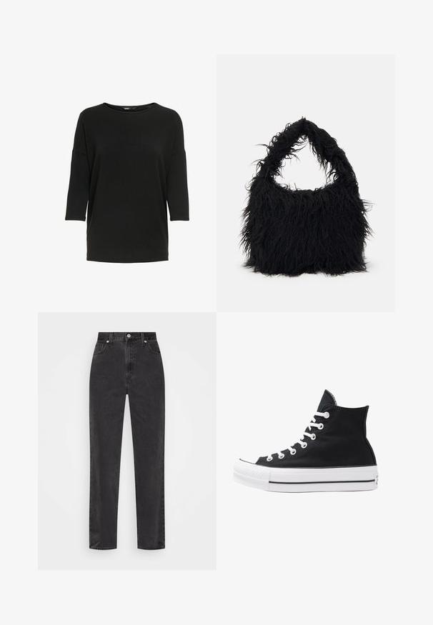 Schwarzes Langarmoberteil aus weichem, strukturiertem Stoff. Merkmale sind ein runder Ausschnitt und eine lockere Passform mit Dreiviertelärmeln.; Schwarze Denim-Jeans mit geradem Bein, hoher Taille, vorderem Knopf und Reißverschluss sowie fünf Taschen auf weißem Hintergrund.; Schwarze High-Top-Canvas-Sneaker mit weißen Ösen, Schnürsenkeln und Gummisohle. Verfügt über eine strukturierte Zehenkappe und schwarz-weiße Streifenakzente.; Even&Odd Shopping Bag - black