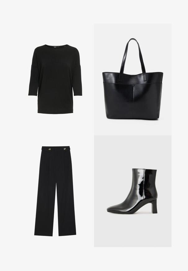 Maglietta nera a maniche lunghe realizzata in un tessuto morbido e texturizzato. Presenta un collo rotondo e una vestibilità ampia con maniche a tre quarti.; Pantaloni neri a gamba larga con vita alta, dettagli con bottoni in vita e pieghe frontali.; Stivaletto in pelle verniciata nera con punta a punta e tacco a blocco di altezza media. Texture liscia e design minimalista.; Borsa a tracolla in pelle nera con due manici lunghi, una texture liscia e una forma strutturata. Presenta una tasca frontale per ulteriore spazio di archiviazione.