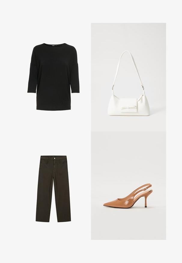Zwart langwerpig shirt met lange mouwen, gemaakt van zachte, textuurrijke stof. Heeft een ronde halslijn en een losse pasvorm met driekwart mouwen.; Donkergroene wijde jeans van een katoenmix, met een sluiting met een voorste knop, vijf zakken en klassieke denimstiksels.; Puntige slingback hak in een glad, glanzend beige materiaal. Bevat een gebogen uitsnijdontwerp en een slanke stiletto hak. Zilveren gesp detail.; Witte synthetische handtas met een driehoekige vorm, platte voorklep en strikdetail, verstelbare schouderriem, gladde textuur en minimalistisch ontwerp.