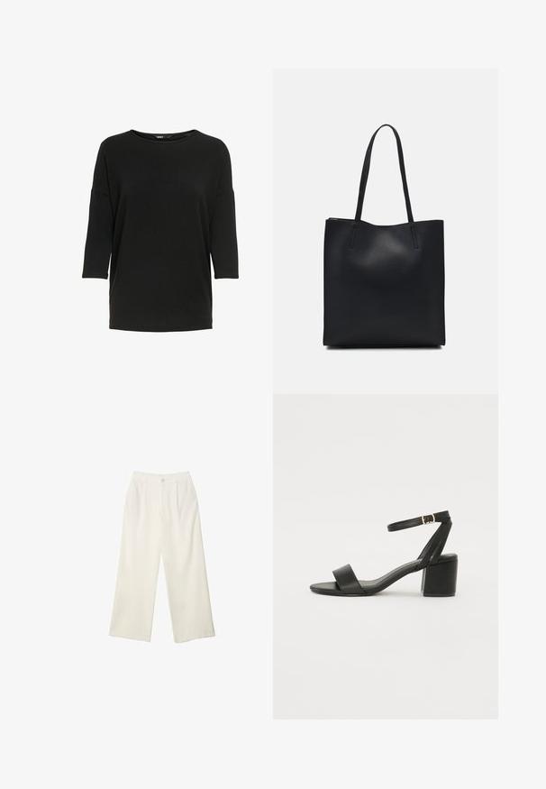 Schwarzes Langarmoberteil aus weichem, strukturiertem Stoff. Merkmale sind ein runder Ausschnitt und eine lockere Passform mit Dreiviertelärmeln.; Helle Stoffhose mit weitem Bein und glatter Textur, ausgestattet mit einem einzelnen Knopf vorne, dezenten Falten und einem Hochbund-Design.; Schwarze High Heels Sandalen mit einem glatten Lederoberteil, offener Zehenpartie, breiten Vorderstraps und verstellbarem Knöchelriemen mit einem goldenen Schnallen-Detail.; Schwarze Laptoptasche aus Leder mit glatter Textur, rechteckiger Form und zwei langen Griffen. Keine sichtbaren Beschläge oder Verzierungen.
