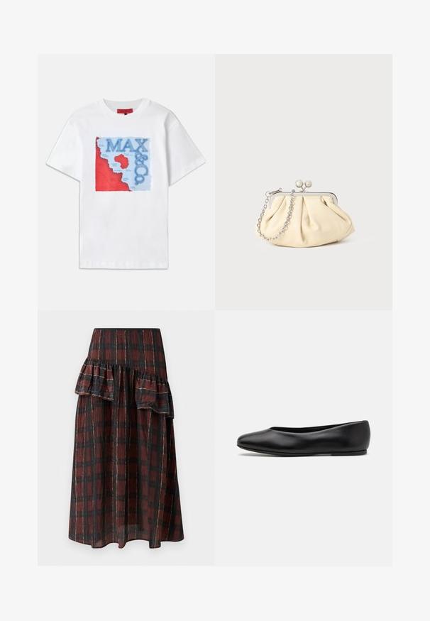 Witte katoenen T-shirt met een kleurrijk grafisch ontwerp met rode en blauwe elementen, waarop een kaart wordt afgebeeld en de tekst "MAX & CO." prominently aanwezig is.; Maxi rok in donkerrood en zwart geruit patroon, met gelaagde ruffles bij de taille, gemaakt van lichtgewicht stof met een zachte textuur.; Paul Smith TOPANGA - Ballerina's - black; Geplooide beige leren clutch met een zilveren metalen frame, voorzien van twee ronde decoratieve sluitingen en een zilveren kettingriem.