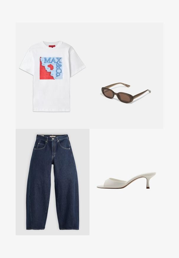 Weißes Baumwoll-T-Shirt mit einem bunten Grafikdesign mit roten und blauen Elementen, das eine Karte und den prominent platzierten Text "MAX & CO." zeigt.; Dunkelblaue Denim-Jeans mit lockerer Passform, heller Naht, fünf Taschen und einem Knopfverschluss am Bund.; Weiße, offene High-Heel-Mules mit glatter Oberfläche, minimalistischer Gestaltung und schlankem Absatz, ausgestattet mit einem subtilen braunen Akzent auf der Sohle.; Braune ovale Sonnenbrillen mit dunklen Gläsern. Das Gestell besteht aus einem transparenten braunen Material und hat ein auf den Bügeln aufgedrucktes Logo.; Grüne Lederhandtasche mit glatter Textur, gebogenem Design und geflochtenem Griff. Verfügt über einen Reißverschluss und einen verstellbaren Riemen.