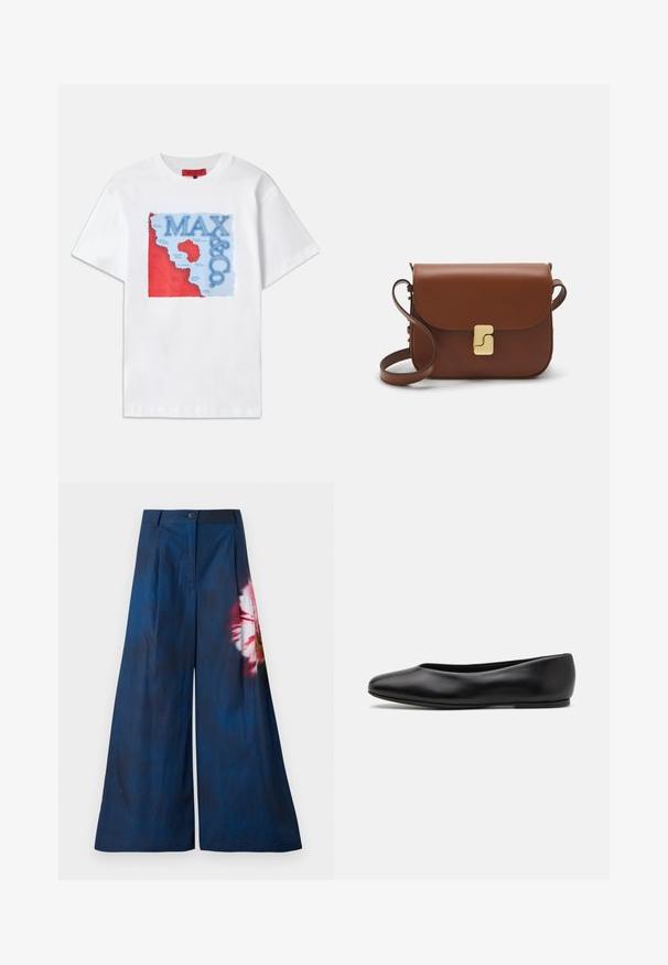 White cotton t-shirt featuring a colorful graphic design with red and blue elements, depicting a map and the text "MAX & CO." prominently.; Wide-leg trousers in dark navy fabric, featuring a floral print in pink and yellow on one side, with a button closure at the waist.; Paul Smith TOPANGA - Ballet pumps - black; Brown leather handbag with a flap closure, gold-tone hardware, a shoulder strap, and a smooth texture. Compact rectangular shape.