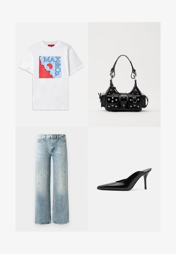 Cămașă albă din bumbac, cu un design grafic colorat ce include elemente roșii și albastre, reprezentând o hartă și textul "MAX & CO." într-o manieră proeminentă.; Jeans largi de culoare albastru deschis, confecționați din denim, având un efect de culori în degrade și broderii din cristale strălucitoare argintii dispuse pe verticală.; Mule-uri cu toc înalt din piele lacuită neagră, cu vârful ascuțit și o siluetă elegantă, având un spate deschis și un toc subțire stilletto.; Geantă de piele neagră cu un design curbat, dotată cu studuri argintii, o cataramă și două buzunare laterale. Curea ajustabilă pentru opțiuni de transport.