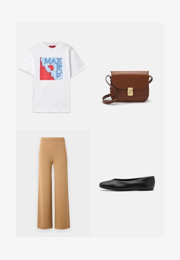 Weißes Baumwoll-T-Shirt mit einem bunten Grafikdesign mit roten und blauen Elementen, das eine Karte und den prominent platzierten Text "MAX & CO." zeigt.; Helle, weite Beigefarbene Hosen aus einem weichen, dehnbaren Stoff, mit einem hohen elastischen Taillenbund und klaren, einfachen Nähten.; Paul Smith TOPANGA - Klassischer Ballerina - black; Braune Ledertasche mit Klappenverschluss, Beschlägen in Goldfarbe, einem Schultergurt und einer glatten Oberfläche. Kompakte rechteckige Form.