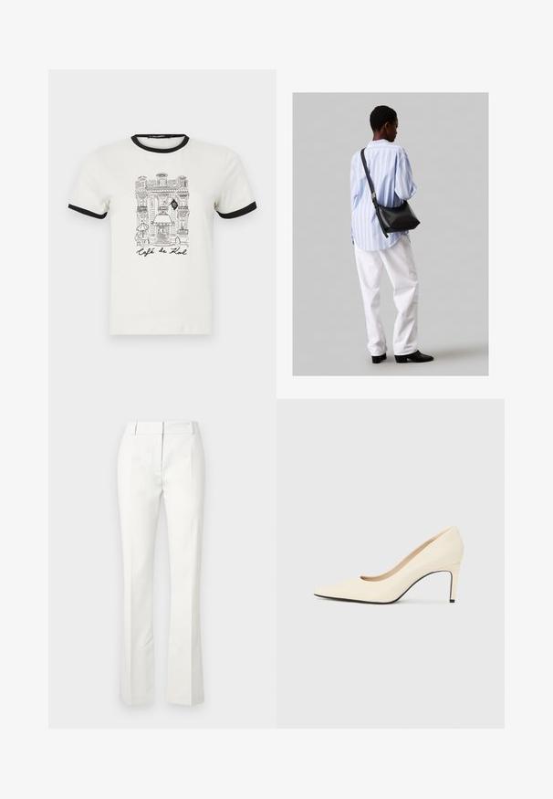 Balta kokvilnas T-kreklā ar melnu ribotu apkakli un piedurknēm. Uzrakstīta kafejnīcas ēkas skice un teksts "Café de Kal" melnā krāsā.; Baltas pielāgots bikses ar izvērstu apakšdaļu, ar priekšējām krokām un gludu tekstūru, izgatavotas no viegla auduma.; Balti ādas augstpapēžu kurpes ar smailu purngalu, gludu tekstūru un melnu zoli. Klasisks dizains ar vidēju papēža augstumu.; Melna ādas plecu soma ar mīkstu tekstūru, trīsstūra formu un regulējamu siksnu, apvienota ar gaiši zilu svītrotu krekli un baltām biksēm.