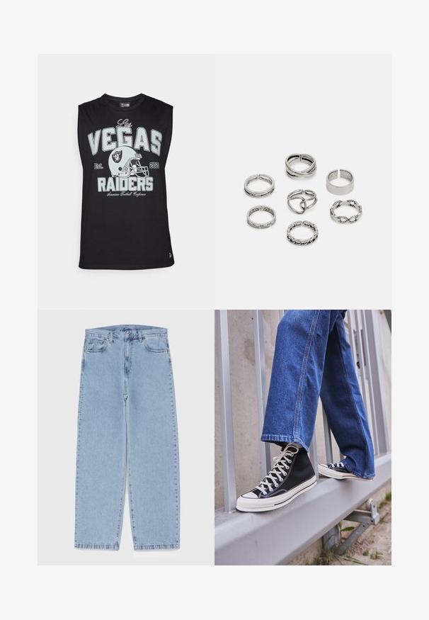 T-shirt sem mangas preta feita de algodão com gráfico "Las Vegas Raiders", design de capacete de futebol e ano de fundação: 2021.; Jeans de denim azul claro com design de perna reta, apresentando uma cintura de altura média, cinco bolsos e um fecho de botão e zíper.; Ténis altos pretos com sola e atacadores brancos, combinados com jeans azul desgastado, repousando sobre um corrimão cinza.; Conjunto de sete anéis de prata com vários designs, incluindo padrões torcidos, entrelaçados e gravados. Diferentes formas e larguras.