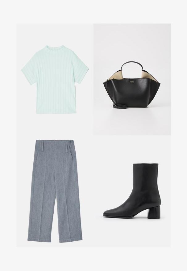 Filippa K MOCK NECK - T-shirt básica - mint green; Calças largas de tom cinza claro, feitas de tecido texturizado, com dois pinceis frontais e dois bolsos laterais. Design limpo e bem cortado.; Botim de pele preta até ao tornozelo com biqueira pontiaguda e salto quadrado robusto. Textura suave com um design sem costuras e costura minimalista.; Ree Projects ANN TOTE MINI - Mala de mão - black