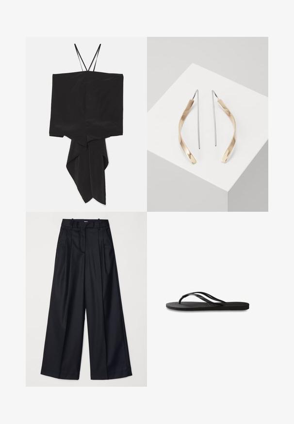 Černý top bez rukávů s boxovitým střihem a asymetrickým lemem, vyrobený z hladkého materiálu. Tenké ramínka a splývavý, špičatý design na spodní části.; Černý tílko bez rukávů s vysokým límcem, jemnou texturou a zakřiveným lemem. Má nabírané detaily na boku pro přiléhavý vzhled.; Černé kalhoty s širokými nohavicemi vyrobené z hladkého materiálu, s vysokým pasem, sklady a přizpůsobeným střihem. Jednoduché černé kování v pase.; Černé žabky s texturovanou gumovou podrážkou, dvěma štíhlými popruhy a jemným, embosovaným logem na popruhu.; Zlaté a stříbrné visací náušnice s zakřiveným, protáhlým tvarem. Lesklý povrch s hladkou strukturou a minimalistický design.
