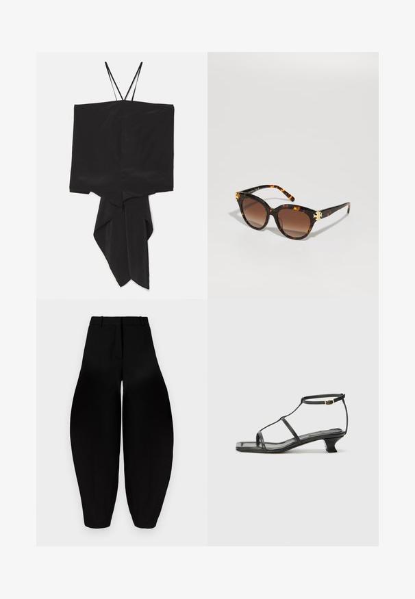 Schwarzes ärmelloses Oberteil mit kastiger Form und asymmetrischem Saum, aus einem glatten Stoff gefertigt. Dünne Träger und ein drapierter, spitz zulaufender Design am unteren Rand.; Schwarze weit geschnittene Hose mit hoher Taille, gefaltetem Vorderteil und schmal zulaufenden Knöcheln. Hergestellt aus glattem Stoff mit matter Oberfläche.; Schwarze Ledersandale mit quadratischer Zehenpartie, dünnen Riemen, verstellbarem Knöchelriemen und einem niedrigen Absatz. Mit einem kleinen goldenen Akzent am Riemen.; Sonnenbrille aus Schildpatt mit Schmetterlingsform, Verlaufslinsen in Braun und goldenen Akzenten auf der Vorderseite, ausgestattet mit schlanken Bügeln mit glänzender Oberflächenbeschaffenheit.; Schwarze Lederhandtasche mit strukturierter rechteckiger Form. Verfügt über einen goldenen ovalen Verschluss und einen dünnen Schulterriemen. Glatte Textur.