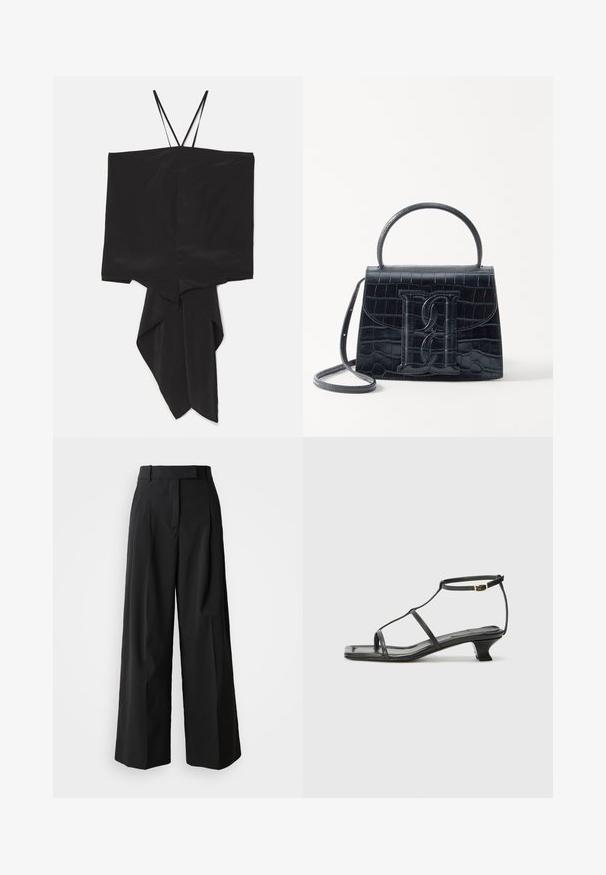 Must mustriga topp, millel on kasti kuju ja asümmeetriline äär, valmistatud siledast kangast. Õhukesed rihmad ja allosas drapeeritud, terav kujundus.; Mustad laiad püksid, mis on valmistatud siledast kangast, kõrge vöökoht ja millel on kaks esiõmblust ning kohandatud disain.; Must värviline nahk sandaal ruudukujulise varbaga, õhukeste rihmadega, kohandatava pahkluu rihmaga ja madala kandaga. Rihmal on väike kuldne aktsent.; Must musta krokodillimustriga nahast käekott, millel on struktureeritud disain, ülemine käepide, reguleeritav rihm ja silmapaistev esiküljel logo detail.