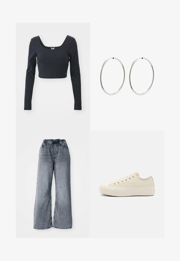Črn dolg rokav skrajšan top iz rebraste teksture, ki se ponaša z širokim izrezom in prilegajočo silhueto, z diskretnim logotipom blagovne znamke.; Sive široke jeans hlače z elastiko v pasu, z vrvico za zapiranje in stranskimi žepi. V stiku izrabljen videz po vsej tkanini.; Kremne platnene superge z zlatimi luknjicami, teksturirano površino, zaobljenim nosom in debelim gumijastim podplatom. Minimalistična zasnova z diskretnim logotipom.; Srebrni obroči za ušesa z gladko, polirano površino. Krožna oblika, enakomerna širina, zasnovani za enostavno zapiranje. Preprosto in elegantno.