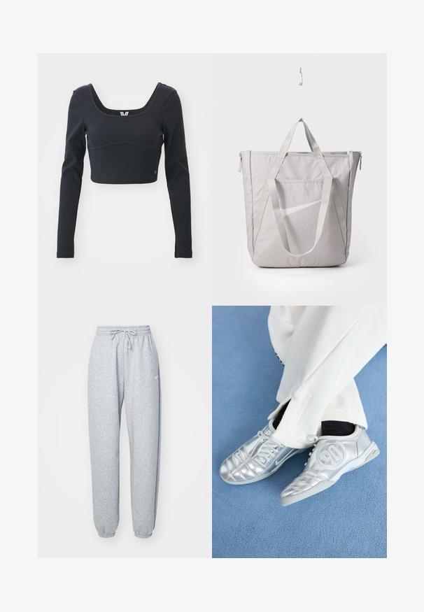 Musta pitkähihainen lyhythihaisu cropped-paita ribbikankaisena, jossa on leveä scoop-aukko ja istuva siluetti, sekä hienovarainen brändilogo.; Valkoiset harmaat collegehousut, jotka on valmistettu pehmeästä puuvillasekoitteesta. Niissä on joustava vyötärö narutakilla, kapenevat lahkeet ja ribbireunat. Vähäistä brändäystä.; Hopeiset urheilukengät sileällä, kiiltävällä pinnalla, joissa on ommeltu kuvio ja numero 90 sivussa, yhdistettynä valkoisiin housuihin.; Harmaa kassi vahvistetuilla kahvoilla, etupuolella vetoketjullinen tasku ja valkoinen Nike-swoosh-logo. Valmistettu kestävästä kankaasta, jossa on sileä rakenne.