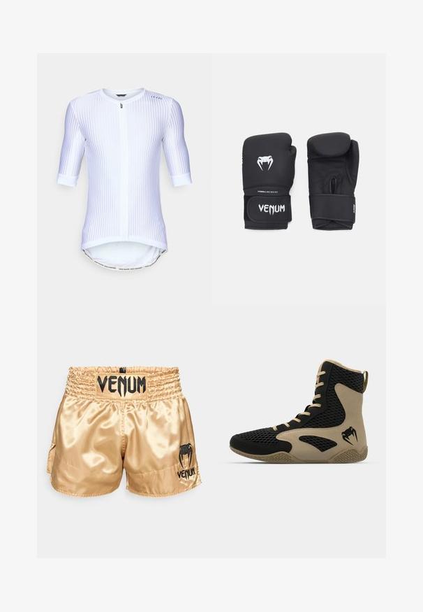 Biely cyklistický dres s vertikálnymi pruhmi, krátkymi rukávmi, predným zipsom, zaobleným spodným okrajom a kontrastnou textovou páskou na spodnej strane.; Zlaté saténové boxerské šortky s čiernym logom "VENUM" na páse a po stranách, s hladkou textúrou a elastickým pásom pre pohodlie.; Vysoké športové topánky s čiernou sieťovinou a béžovými akcentmi. Štruktúrovaná gumová podrážka a detail loga na boku.; Čierne boxerské rukavice so hladkým povrchom, s bielym logom Venom a nastaviteľným strapom na suchý zips pre zabezpečené uchytenie.