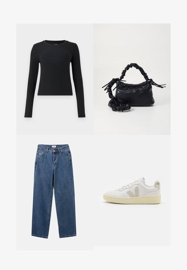 Schwarzes langärmeliges Oberteil, Rundhalsausschnitt, gerippte Textur, figurbetontes Design und kurze Länge. Keine Muster oder sichtbaren Hardware-Details.; Klassische blaue Denim-Jeans mit geradem Bein, fünf Taschen und Knopfverschluss. Sie verfügen über eine mittelblau gewaschene Optik und sind aus robuster Textur.; Weiße Ledersneaker mit beigen Wildlederakzenten, perforierte Zehenbox, flache Schnürsenkel und eine strukturierte cremefarbene Sohle. Mit dezentem Branding an der Ferse.; Schwarze Handtasche aus Kunstleder mit Krokodilstruktur, gerafftem oberen Teil und einem geschoppten Tragegurt. Sie wirkt weich und kompakt im Design.