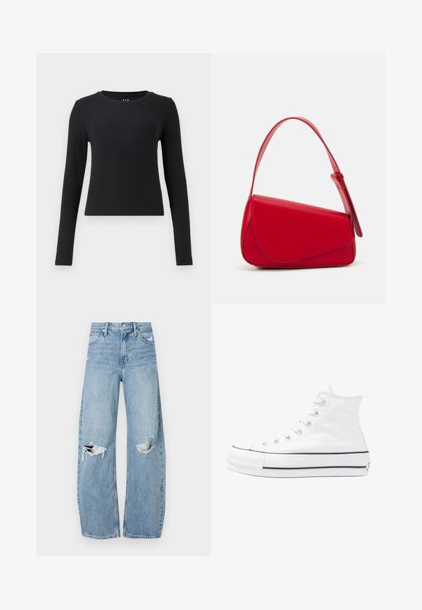 Melnā ilgā piedurkne, apaļa izgriezuma, ribota tekstūra, pieguļošs dizains un īsā garumā. Beznogadējumi vai redzami aksesuāri.; Gaiši zili, augstās vidukļa džinsi, kas izgatavoti no denima. Iespējas plašas kājas, divas plēstas ceļa daļas un klasiskā piecu kabatu dizains.; Balti augstie kanvas sporta apavi ar melnu gumijas zoli, priekšējo gumijas purngalu un sešām acīm lencēm, kuriem ir tīrs, minimālistisks dizains.; Sarkans ādas rokassomi ar stūrainu, ģeometrisku dizainu. Iekļauj vienu regulējamu siksnu un vāku ar izšūtu detaļu.