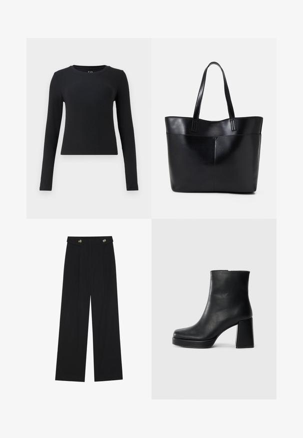 Melnā ilgā piedurkne, apaļa izgriezuma, ribota tekstūra, pieguļošs dizains un īsā garumā. Beznogadējumi vai redzami aksesuāri.; Melnas platās bikses ar augstu jostasvietu, pogu detaļām uz jostas un priekšējām krokām.; Melna ādas potīšu zābaku ar bloku papēdi un platformas zoli, skatīts no sāna uz vienkārša balta fona.; Melnas ādas iepirkumu soma ar divām garām rokturām, gludu tekstūru un strukturētu formu. Iekļauj priekšējo kabatu papildu uzglabāšanai.