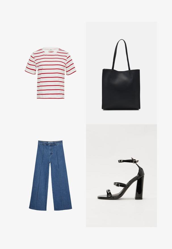 Striped t-shirt made of soft cotton; design features horizontal red stripes on a white background, short sleeves, and a crew neck.; Wide-leg denim jeans in medium blue, featuring a high waist, button closure, and contrasting vertical seam details along the front.; Black patent heeled sandals with a square toe, ankle straps, and silver buckles. Features a chunky block heel for stability.; Black leather tote bag with smooth texture, rectangular shape, and two long handles. No visible hardware or embellishments.