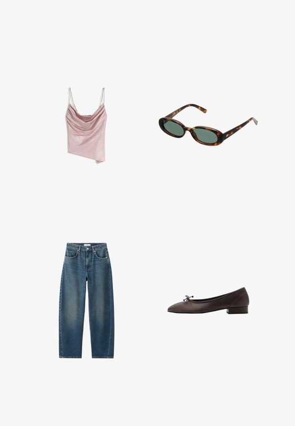 Gelaagde tanktop in lichtroze satijn met een asymmetrische zoom en dunne kettingbandjes. Zachte textuur met een subtiele glans.; Mouwloze witte jurk met een ronde halslijn en een asymmetrische zoom die aan de ene kant tot een punt hangt.; Donkerblauwe denim jeans met een rechte pijp, vijf-pocket ontwerp en een klassieke knoopsluiting. Zachte textuur met subtiele vervaging.; Bruine leren balletschoen met een ronde neus en een kleine blokhak. Kenmerkt zich door een dunne strik aan de voorkant en subtiele stikdetails.; schildpadbril met ovale monturen en groene lenzen. Heeft dunne spijlen met een metalen accent nabij de scharnieren.; Geweven gele handtas met een gebogen handvat aan de bovenkant en een ongestructureerde vorm. Het gestructureerde oppervlak heeft een kruissteekpatroon over de hele tas.