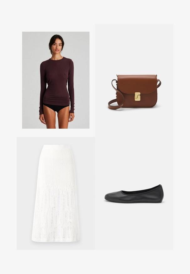 Langärmliges lila Oberteil aus weichem Stoff, mit taillierter Passform, Rundhalsausschnitt und glatter Textur. Keine sichtbaren Muster oder Akzente.; Gestreifte weiße Midi-Rock aus Strick mit einem strukturierten Muster und Ausschnitten am Saum. Elastischer Bund. Weiches Material.; Schwarze Leder-Ballettschuhe mit abgerundeter Spitze, glatter Textur, minimalen Nähdetails und einem flexiblen Sohlen-Design.; Braune Ledertasche mit Klappenverschluss, Beschlägen in Goldfarbe, einem Schultergurt und einer glatten Oberfläche. Kompakte rechteckige Form.