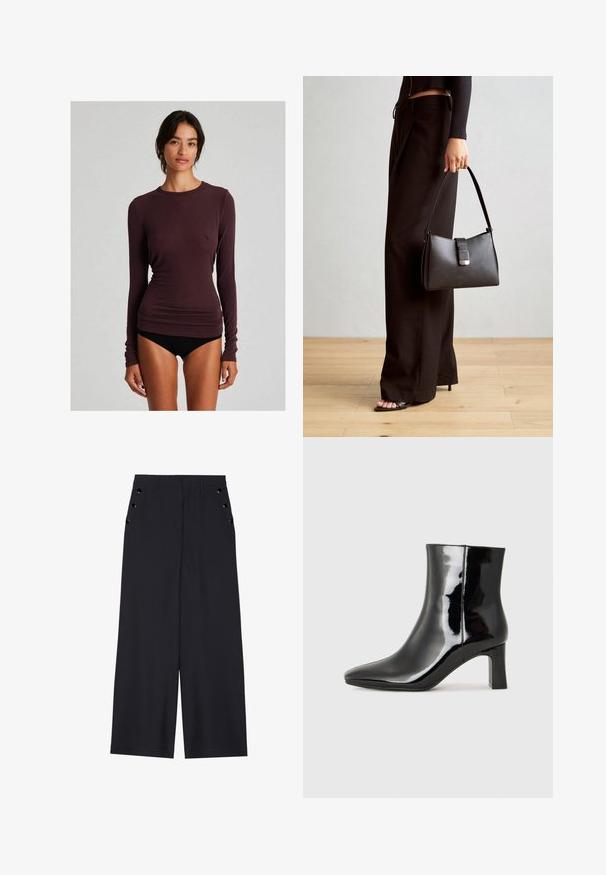 Langärmliges lila Oberteil aus weichem Stoff, mit taillierter Passform, Rundhalsausschnitt und glatter Textur. Keine sichtbaren Muster oder Akzente.; Weite Hosen aus dunkelblauem Stoff mit einer glatten Textur, Vorderfalten und dekorativen goldfarbenen Ösen an den Seitentaschen.; Schwarzer Lackleder-Stiefelette mit spitzer Zehe und einem mittelhohen Blockabsatz. Glatte Textur und minimalistisches Design.; Schwarze Handtasche mit strukturierter Form, glatter Textur und einem metallischen Verschluss. Kombiniert mit weiten schwarzen Hosen und offenen Sandalen auf einem Holzboden.