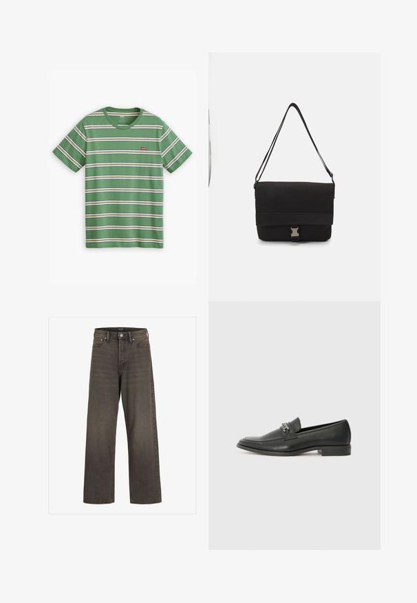 Grünes gestreiftes T-Shirt aus Baumwolle, mit horizontalen weißen, gelben und blauen Streifen, versehen mit einem kleinen roten Levi's-Logo auf der Brust.; Weite Jeans aus dunkelgrauem Denim mit hoher Taille, klassischem Fünf-Taschen-Design und kontrastierendem Stepp entlang der Nähte.; Schwarzer Lederloafer mit glatter Oberfläche, ausgestattet mit einer gesteppten Gestaltung und einem dekorativen Metallkettendetail über dem Vorderblatt. Flacher Absatz.; Schwarze Umhängetasche aus glattem Material, mit einem umklappbaren Deckel, silbernem Verschluss und verstellbarem Schultergurt.