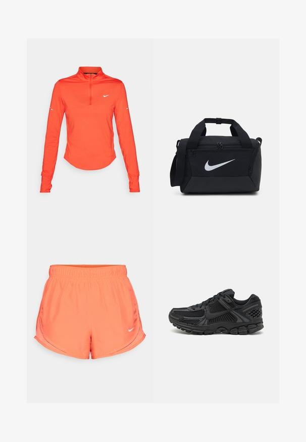 Langermet treningstopp, oransje, med halv-zip krage, glatt tekstur, med en hvit logo på brystet og ermet.; Koral Nike-shorts har en elastisk midje, sidesplitt for bevegelighet og en liten sølvlogo nederst til høyre. Slitesterkt, lett stoff.; Sorte atletiske sko med mesh-overdel, gummisåle og teksturerte detaljer. Designet inkluderer uttalt snøringssystem og polstret såle.; Svart treningsbag med glatt stoff, doble glidelåslommer, polstrede håndtak og en stor hvit Nike-logo på forsiden.