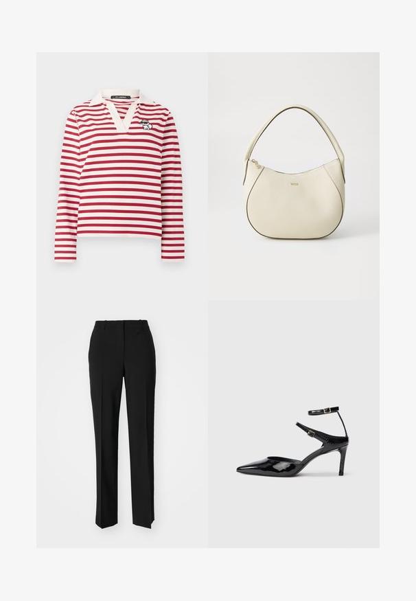 Piros és fehér csíkos, hosszú ujjú póló V-nyakkal és fehér gallérral. A bal oldalon egy kis hímzett macska minta található.; Fekete, testhezálló nadrág egyenes szárú kivitelben, sima textúrával és éles redőkkel az elején. Nincs látható fémalkatrész.; Fekete lakkbőr magassarkú cipők hegyes orral, állítható bokapánttal és vékony sarokkal. Simább textúra fényes kivitelben.; Krém színű kézi táska texturált felülettel, ívelt formával, rövid fogantyúval és arany színű logó részlettel. Cipzáros záródás a tetején.