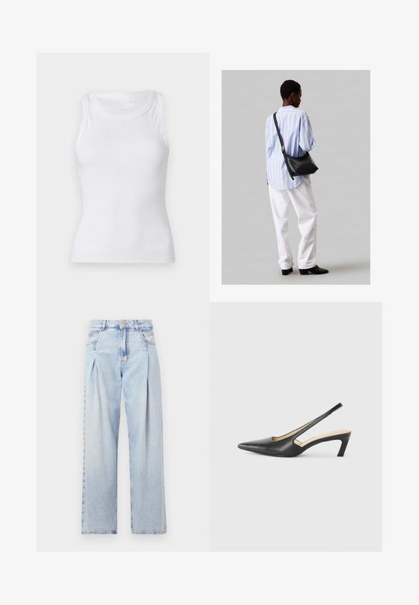 Biely rebrovaný top bez rukávov s okrúhlym výstrihom. Materiál vyzerá hladko s priliehavým strihom. Žiadne viditeľné vzory alebo akcenty.; Svetlomodré džínsy s vysokým pásom, širším strihom po celej dĺžke, dvoma bočnými vreckami a skladaným dizajnom. Mäkka textúra s vyblednutým vzhľadom.; Čierne slingback topánky s ostrou špičkou a nízkym opätkom, vyrobené z hladkej kože a s výrezmi na boku pre lepšiu priedušnosť.; Čierna kožená ramenná taška so mäkkou textúrou, trojuholníkovým tvarom a nastaviteľným popruhom, skombinovaná s svetlomodrou pruhovanou košeľou a bielymi nohavicami.