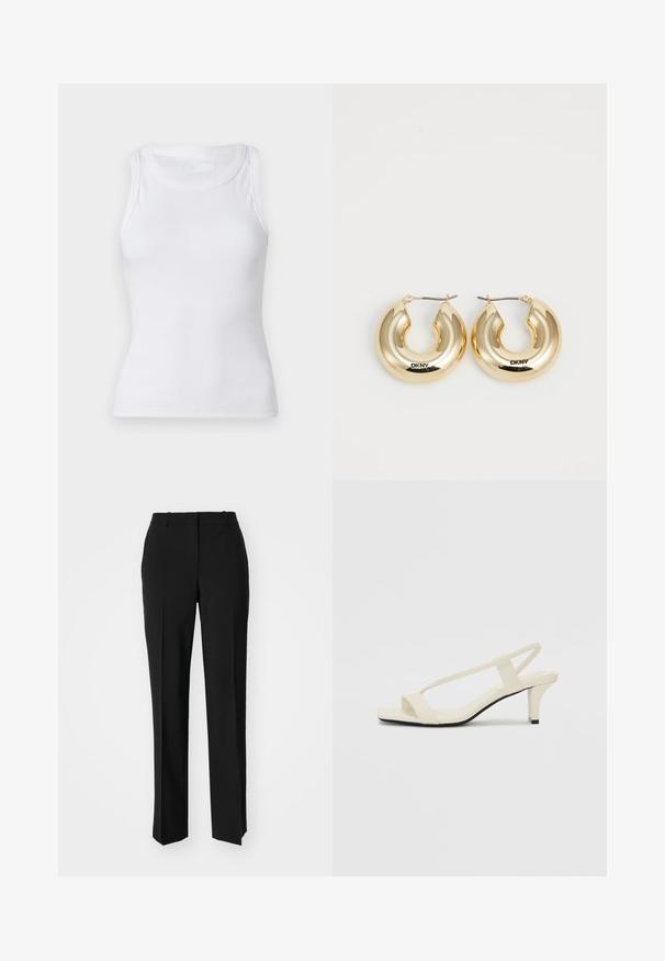 Hvid ribbet tanktop med rund halsudskæring og ærmeløs design. Materialet virker glat med en tætsiddende silhuet. Ingen synlige mønstre eller accenter.; Sorte skræddersyede bukser med lige ben-design, der har en glat tekstur og skarpe folder langs fronten. Ingen synlige hardware.; Beige blokhælede sandaler med tynde remme og en firkantet tå. Glat materiale med minimal detaljering, designet til nem brug.; Guld hoop øreringe med et glat, afrundet design og en blank finish, med en spænde til fastgørelse. Graveret med "DKNY."