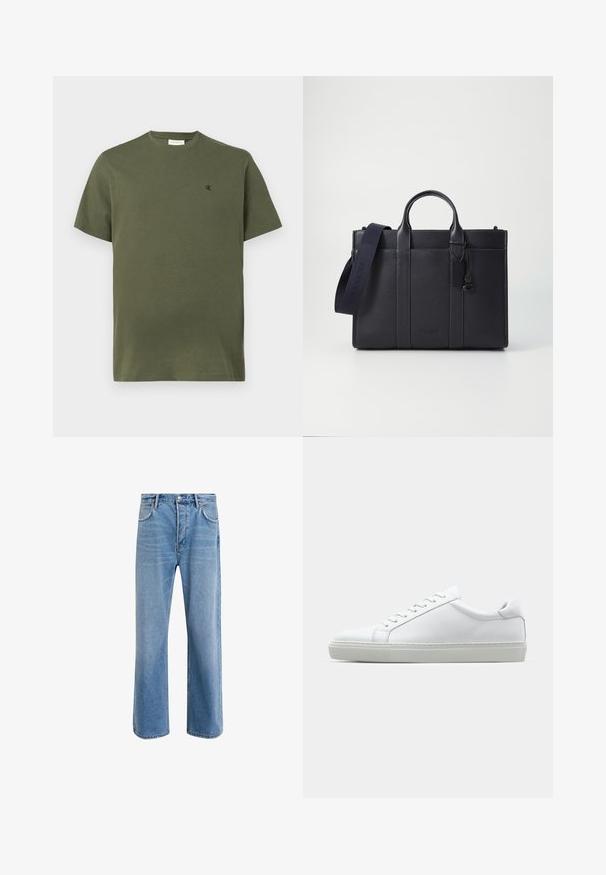 Μονοχρωμο ελιάς κοντομάνικο μπλουζάκι τύπου crewneck με μικρό μαύρο λογότυπο "cK" στο αριστερό μέρος του στήθους.; Ανοιχτό μπλε τζιν παντελόνι με ευθεία γραμμή, πέντε τσέπες, κλείσιμο με κουμπί, ελάχιστη φθορά και αντίθετες ραφές.; Λευκό αθλητικό παπούτσι με άνω μέρος από λείο δέρμα και χαμηλό προφίλ. Διαθέτει στρογγυλεμένη μύτη, έξι τρυπούλες και υφασμένη καουτσούκ σόλα.; Σκούρο ναυτικό δερμάτινο χαρτοφύλακα με διπλές λαβές στην κορυφή και αποσπώμενο λουρί. Διαθέτει υφή με ανάγλυφη επιφάνεια, κάθετη ραφή και λεπτομέρεια με λογότυπο.