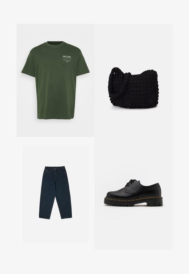 Tricou din bumbac verde, cu guler rotund, mâneci scurte și text imprimat în alb în partea stângă sus. Textură netedă, croi lejer.; Jeans negri închis cu talie înaltă, cu o croială lejeră, dotate cu cinci buzunare și închidere cu nasture. Făcute din denim cu o textură netedă.; Pantof black din piele, cu sireturi, cu vârf rotund, talpă din cauciuc texturat și cusături galbene în jurul bazei. Design plat și finisaj neted.; Geantă dintr-un material textil negru, cu un model texturat și matlasat. Formă rotundă, mânere scurte și groase, și o structură moale, flexibilă.