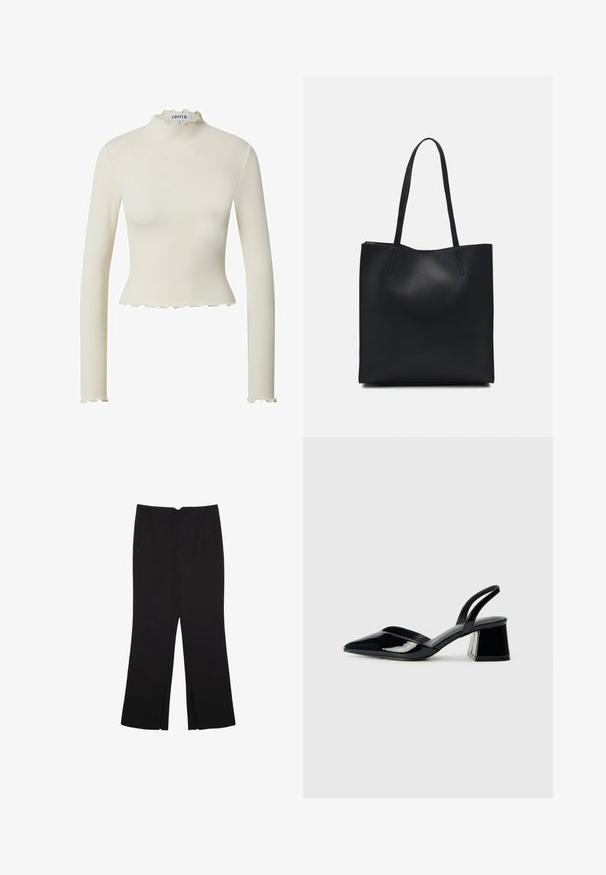 Weißes, geripptes Langarmoberteil mit einem rüschengeschmückten Stehkragen, verkürztem Schnitt und figurbetontem Design. Es verfügt über einen strukturierten Stoff und gewellte Säume.; Schwarze Hose mit geradem Schnitt, ausgestattet mit Fronttaschen und Seitenschlitzen am Saum. Hergestellt aus weichem, glattem Stoff. Geeignet für verschiedene Anlässe.; Schwarze Lackleder-Slingback-High Heels mit spitzem Schuh und einem geometrischen Blockabsatz. Verfügt über ein schlankes, minimalistisches Design und eine glatte Textur.; Schwarze Laptoptasche aus Leder mit glatter Textur, rechteckiger Form und zwei langen Griffen. Keine sichtbaren Beschläge oder Verzierungen.