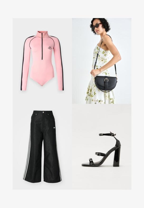 Bodysuit de manga longa rosa com gola alta, detalhes laterais pretos e um fecho central. Possui logotipo bordado no peito.; Calças de denim largas pretas com três riscas brancas em cada lado e um pequeno logótipo branco. Apresenta bolsos frontais e um fecho de botão.; Sandálias de tacão preto laqueadas com bico quadrado, tiras para o tornozelo e fivelas prateadas. Apresentam um salto bloco chunky para estabilidade.; Bolsa de couro preta com forma curva, alça destacável e detalhes em dourado. A bolsa possui uma aba com detalhe de fivela.