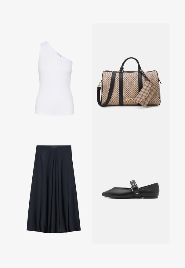 Cască asimetrică albă cu nervuri, cu design pe un umăr. Textură netedă, formă ajustată și fără modele sau detalii hardware vizibile.; Fustă neagră, până la genunchi, fabricată dintr-un material ușor, cu un design fluid. Prezintă o textură netedă și pliseuri subtile pentru un detaliu suplimentar.; Pantofii din piele neagră, cu vârf ascuțit, curea laterală cu o cataramă din argint și toc mic. Textură netedă și design minimalist.; Geantă tip duffle cu un exterior modelat bej, curele din piele neagră, accesorii aurii și un mic pouch asortat atașat. Design structurat.; Ceas de mână rectangular cu nuanță aurie, cu un cadran alb, marcaje argintii pentru ore și o brățară din linkuri metalice durabile. Include caracteristica de rezistență la apă.