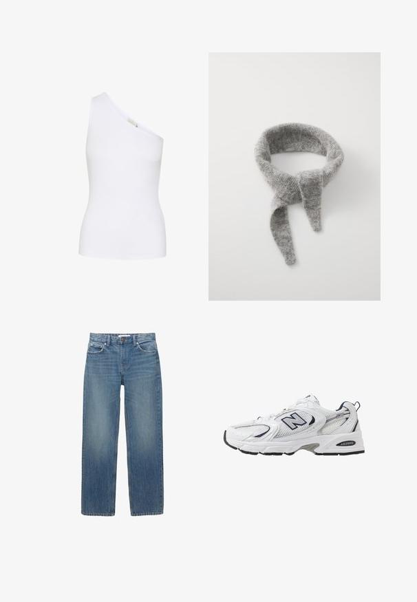 Valkoinen epäsymmetrinen ribattutoppi, jossa on yksi olkaimeen suunniteltu malli. Silkkinen pinta, vartalonmyötäinen muoto ja ei näkyviä kuvioita tai varaosia.; Vaaleansiniset farkut suoran leikkauksen, viiden taskun ja kuparinväristen yksityiskohtien kanssa. Kankaassa on hieman haalistumista ja sileä pinta.; Valkoinen urheilushoe, jossa on verkkomateriaali päällä, laivastonsiniset yksityiskohdat ja pehmeä pohja. Varustettu "N"-logolla, nauhoilla ja teksturoidulla yksityiskohdalla sivussa.; Samsøe Samsøe NOR - Huivi - grey melange