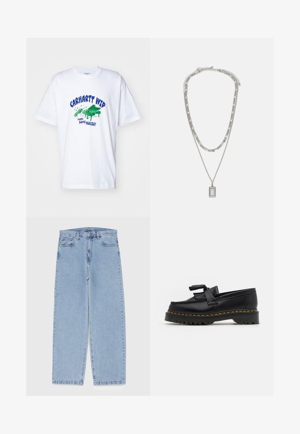 Carhartt WIP NOISE - T-Shirt print - white; Hellblaue Jeans aus Denim mit geradem Bein, ausgestattet mit einer mittelhohen Taille, fünf Taschen sowie einem Knopf- und Reißverschluss.; Schwarze Lederloafers mit einem fransenverzierten Akzent, ausgestattet mit einer robusten schwarzen Sohle und gelber Naht entlang der Kante. Texturierte Oberfläche.; Silberne Halskette mit zwei geschichteten Ketten; verfügt über einen rechteckigen Anhänger mit einer glatten Oberfläche, die ein poliertes Metall-Finish zeigt.