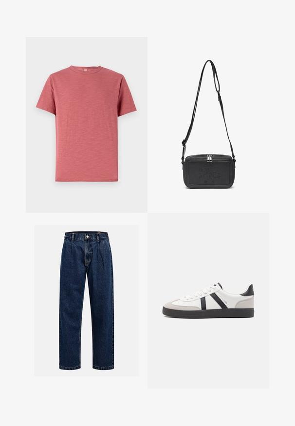 Short-sleeve, crew-neck t-shirt in faded rose color, made from soft cotton fabric with a smooth texture and a simple design.; Dark blue denim jeans with a straight-leg design. Features visible stitching, a button closure, and front pleats for added detail.; White sneaker with black and gray accents, featuring a textured gray toe cap, black rubber sole, and flat white laces. Clean design, minimalist style.; Black leather crossbody bag with a zip closure, embossed logo on the front, and adjustable strap. Smooth texture with a rectangular shape.
