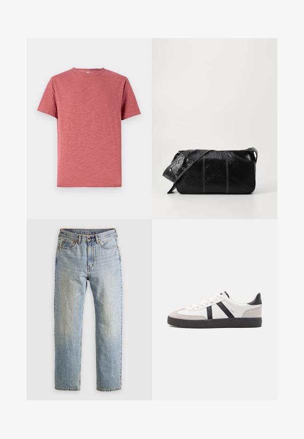 Lühikeste varrukatega, ümmarguse kaelusega t-särk tuhmroosa värviga, valmistatud pehmest puuvillakangast, millel on sile tekstuur ja lihtne disain.; Heledad hele sinine teksapükste kõrge vöökoht, ees nupuga, lukuga ja viie taskuga disain, asetatud tasasele neutraalsele taustale.; Valged tossud mustade ja hallide aktsentidega, tekstureeritud halli varbakattega, musta kummitald ja lamedad valged paelad. Puhtad jooned, minimalistlik stiil.; Must mustra nahkainine õlakott, millel on tõmblukk, tekstureeritud pind, valged õmblused ja rihm hõbedaste rõngastega.