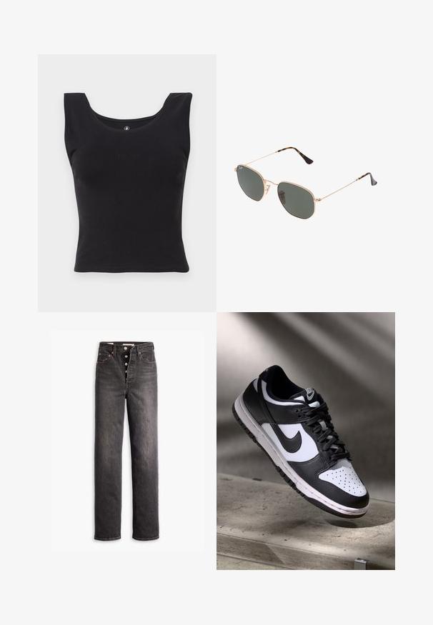 Melnas bez piedurknēm tvertnes topiņš, izgatavots no kokvilnas, ar apaļu dekoltē un ciešu piegriezumu. Diskrēta, iepludināta "Volcom" logo priekšpusē.; Melnas augstas jostas bikses ar taisnu kāju dizainu, izgatavotas no denima. Iekļauj pogu aizdari, vara detaļu akcentus un kontrastējošu šuvumu.; Melnbaltas Nike Dunk Low sporta apavi ar ādas augšdaļu, caurdurta pirkstu kaste un melnām šņorēm, ar baltu zoli un logo akcentiem.; Zelta metāla rāmis saulesbrilles ar tumši zaļiem stikliem, aviator stils, ar šaurām kājām un bruņu akcentiem uz galiem.; Melnā auduma soma ar ģeometrisku rakstu, izgatavota no fakturēta materiāla. Aprīkota ar stipriem rokturiem un birku, strukturēta forma.